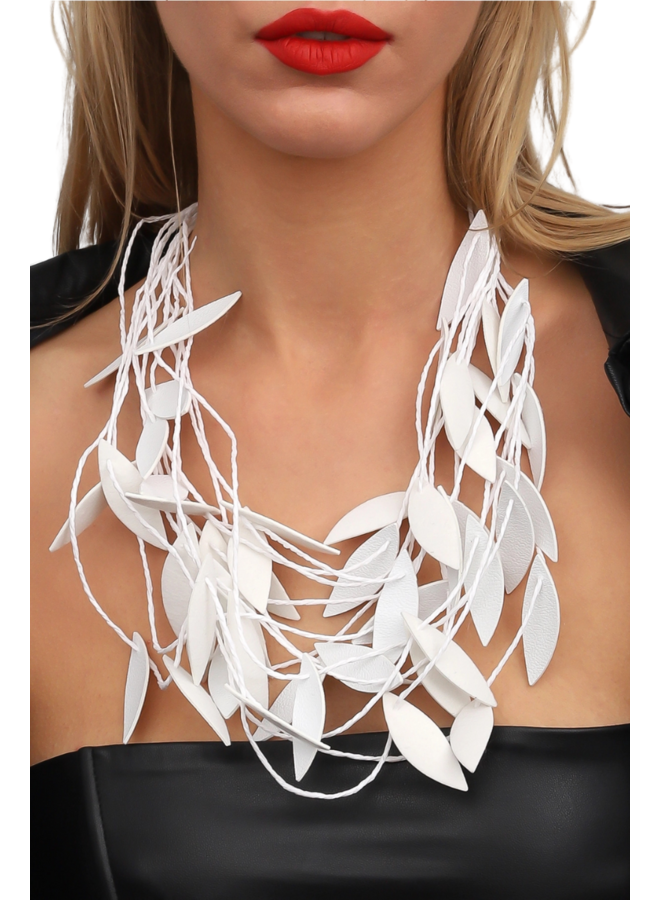 Leather Leaf Necklace In White