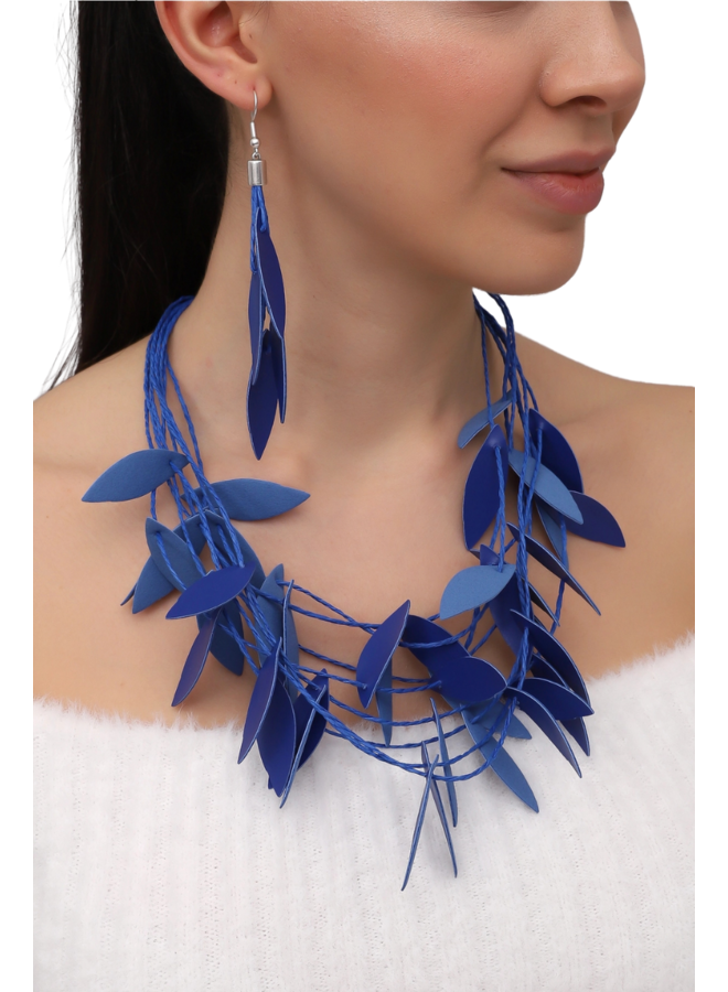 Leather Leaf Necklace In Blue