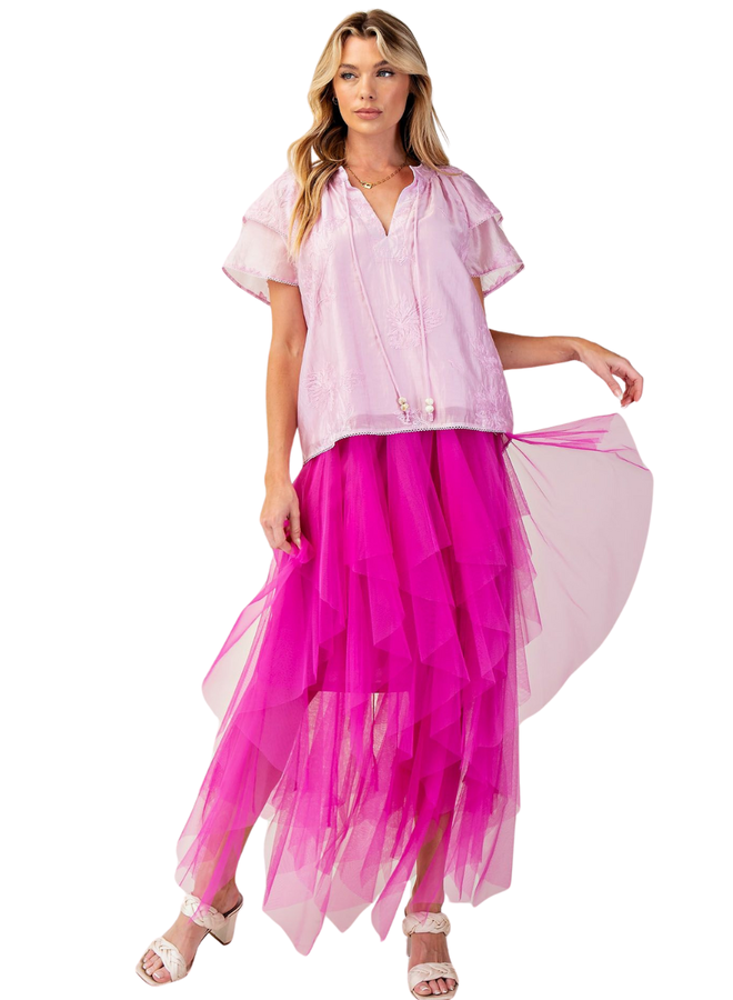 Embroidered Floral Silky Top In Lilac Rose