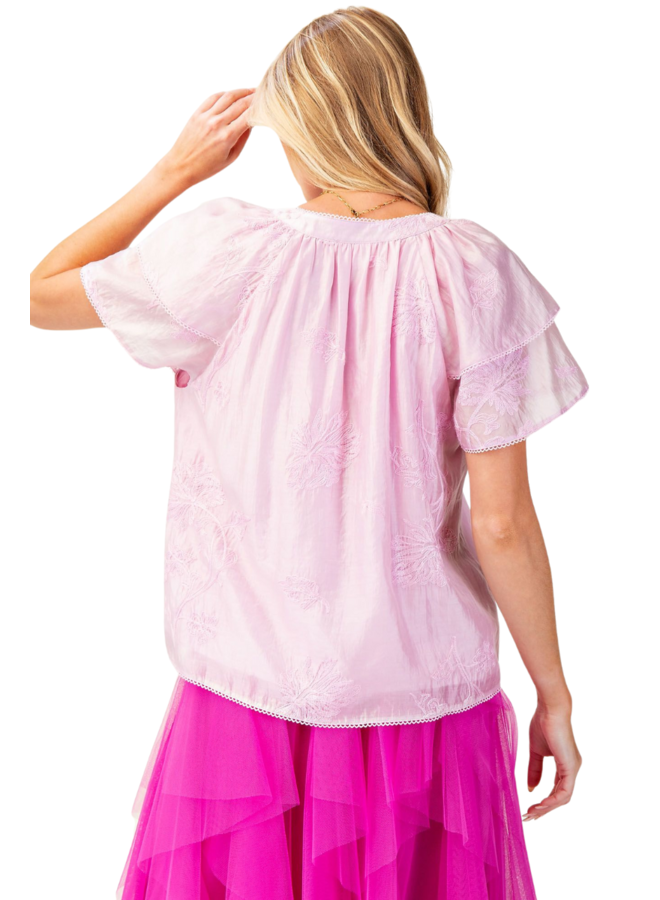 Embroidered Floral Silky Top In Lilac Rose