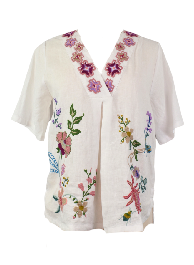 Johnny Was Linen V-Neck Blouse Maureen in White