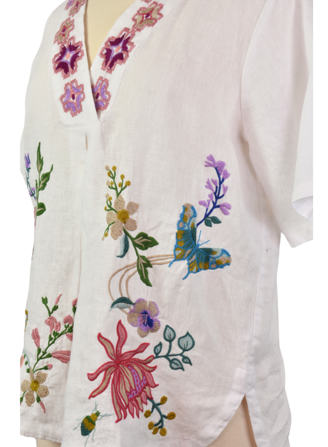 Johnny Was Linen V-Neck Blouse Maureen in White