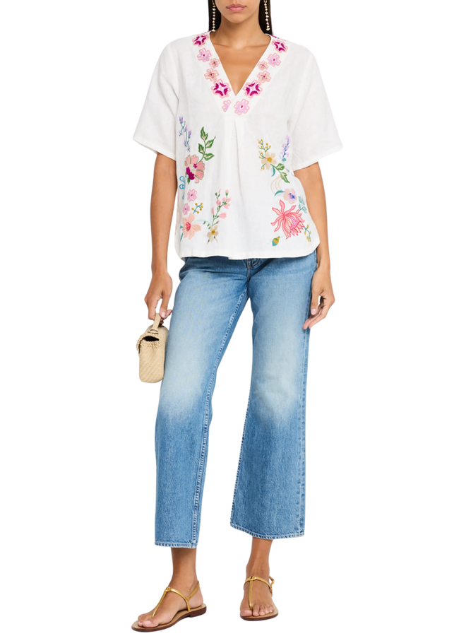 Johnny Was Linen V-Neck Blouse Maureen in White