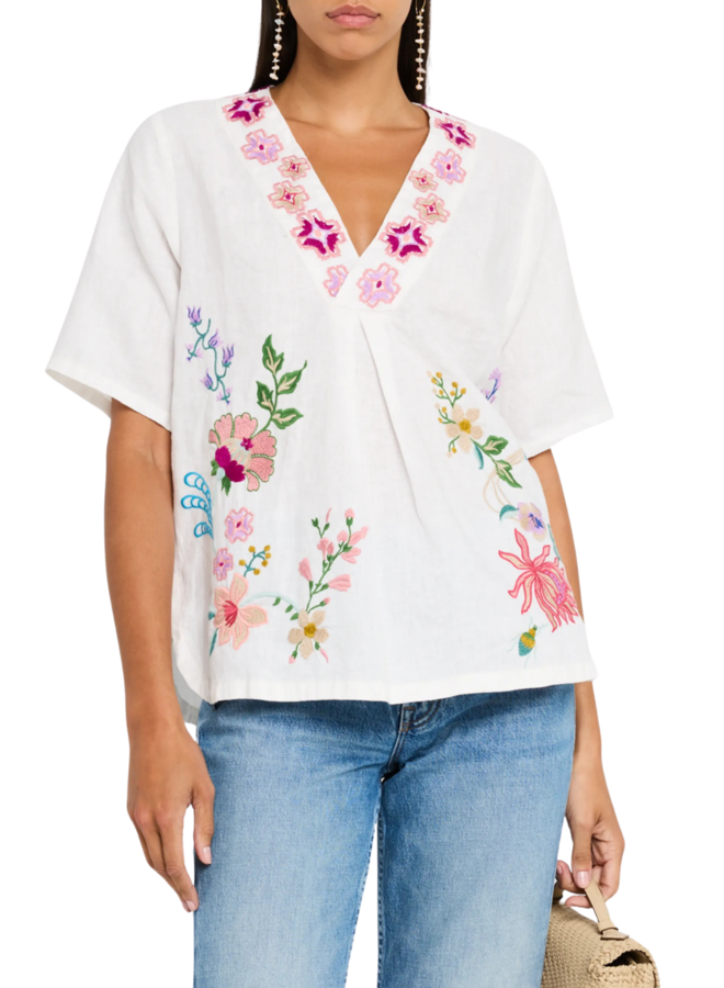 Johnny Was Linen V-Neck Blouse Maureen in White