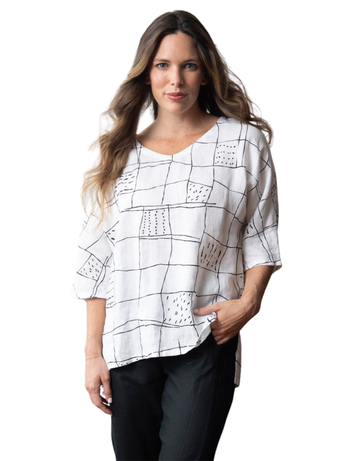 Olivia Linen Grid Dolman Top in White