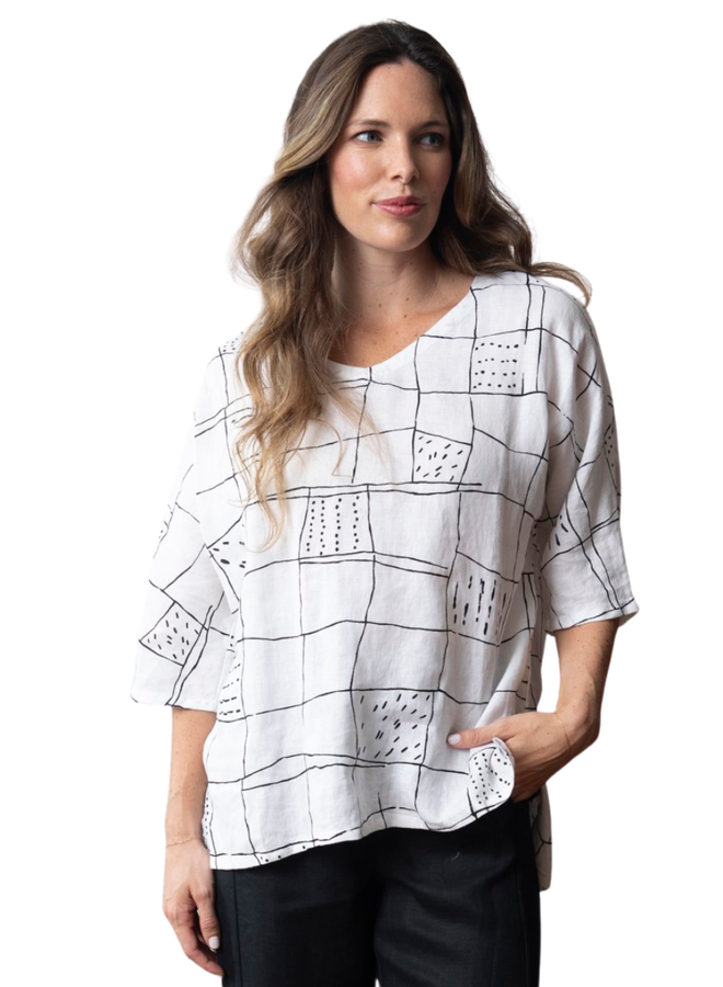 Olivia Linen Grid Dolman Top in White