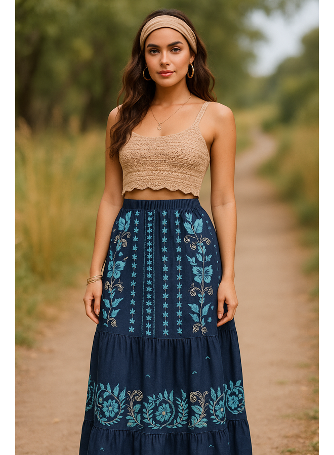 Johnny Was Prairie Western Skirt Yohana in Denim Blue