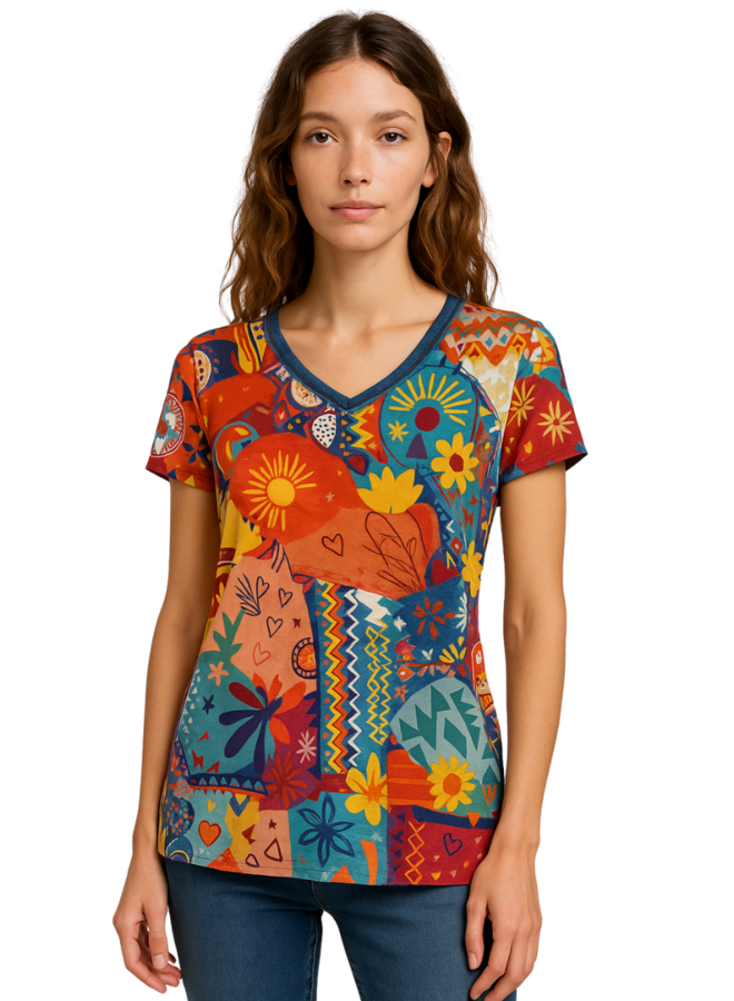 Johnny Was Janie Favorite Short Sleeve V-Neck Tee in Liberty Scarf