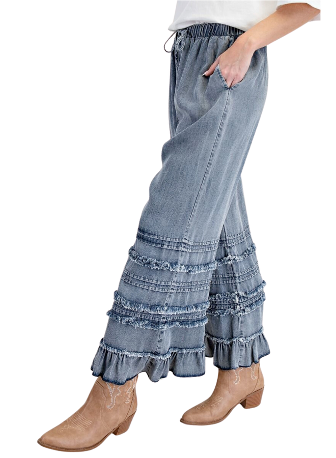 Ruffled Chambray Crop Pants