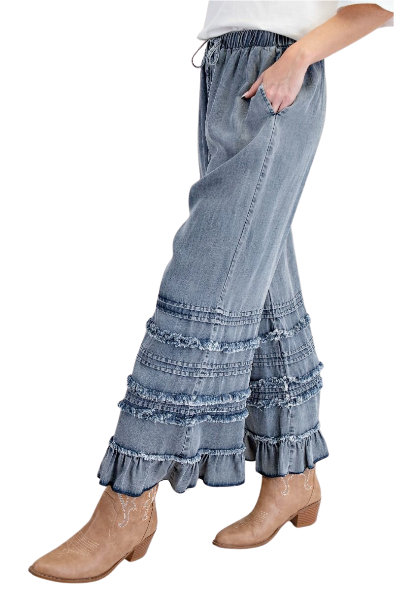 Ruffled Chambray Crop Pants - Shady And Katie - Shady And Katie
