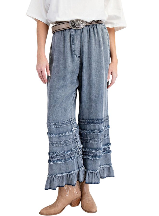 Ruffled Chambray Crop Pants