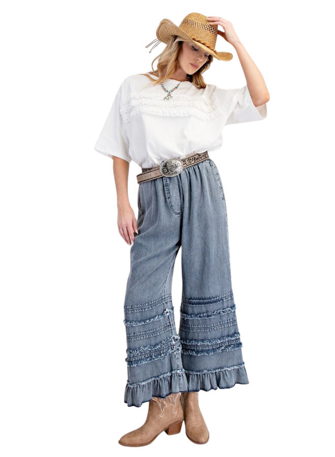 Ruffled Chambray Crop Pants
