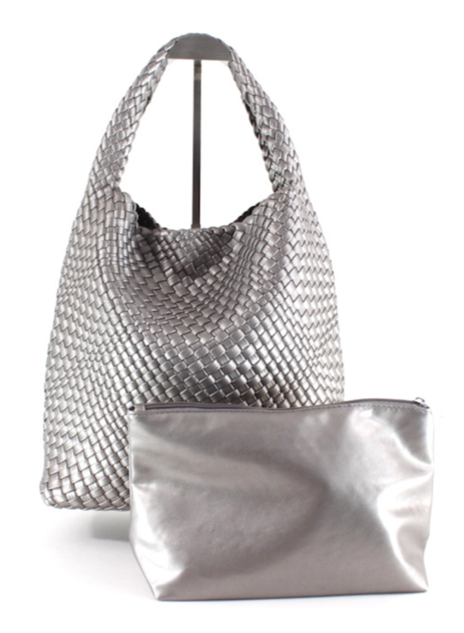 Woven Hobo Bag w/Pouch in Pewter