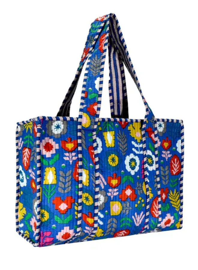 Small Blue Pixel Flower Tote Bag