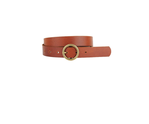 Brass-Toned Circle Buckle Leather Belt in Tan - Shady and 