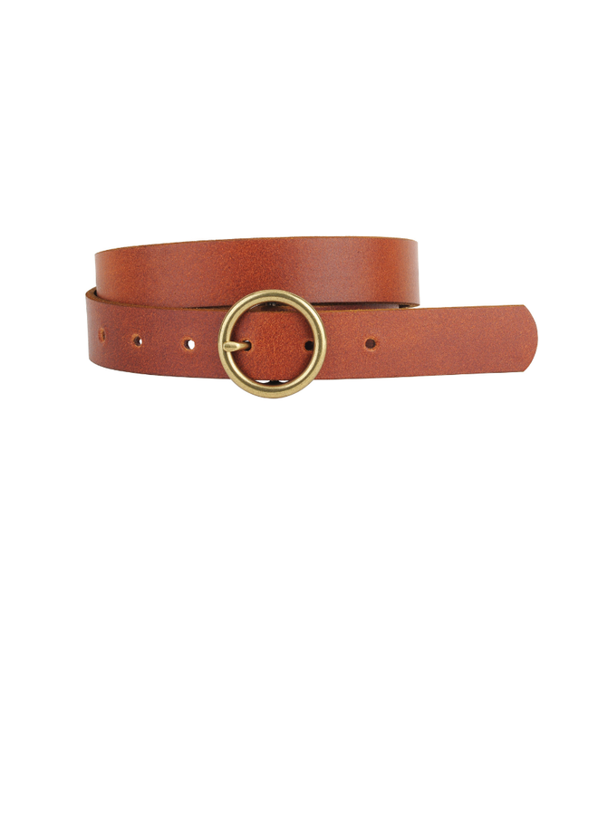 Brass-Toned Circle Buckle Leather Belt in Tan