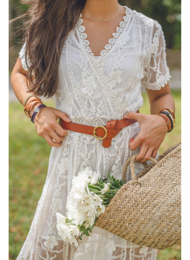 Brass-Toned Circle Buckle Leather Belt in Tan