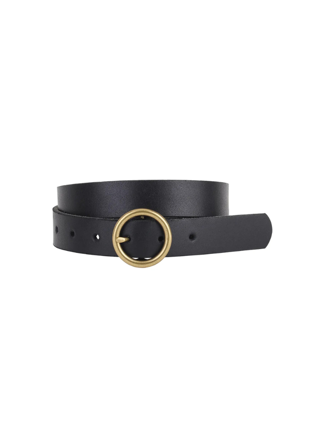Brass-Toned Circle Buckle Leather Belt in Black