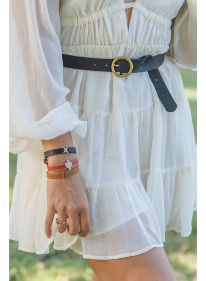 Brass-Toned Circle Buckle Leather Belt in Black