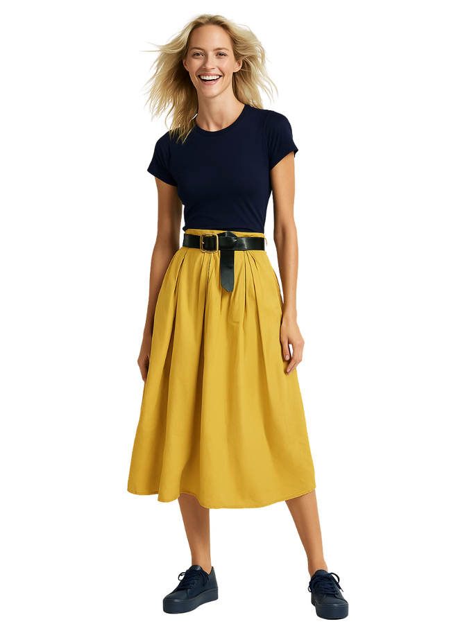 Cotton Midi Skirt In Mustard
