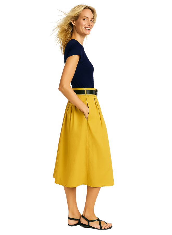 Cotton Midi Skirt In Mustard