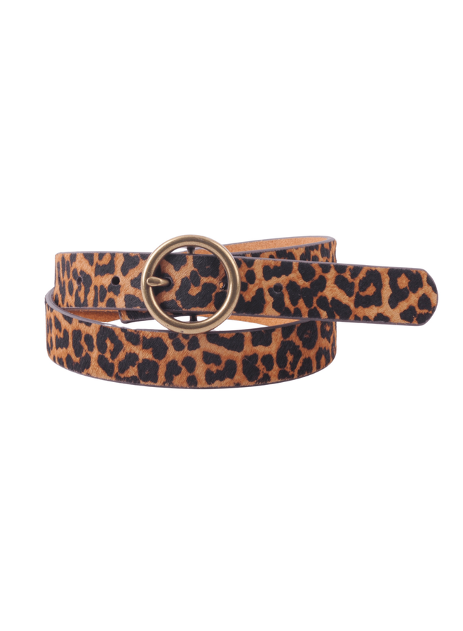 Brass-Toned Circle Buckle Leather Belt in Leopard