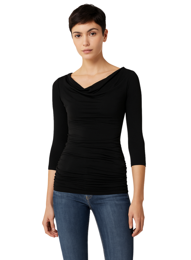 Petit Pois Shirred Cowl Neck Top in Black