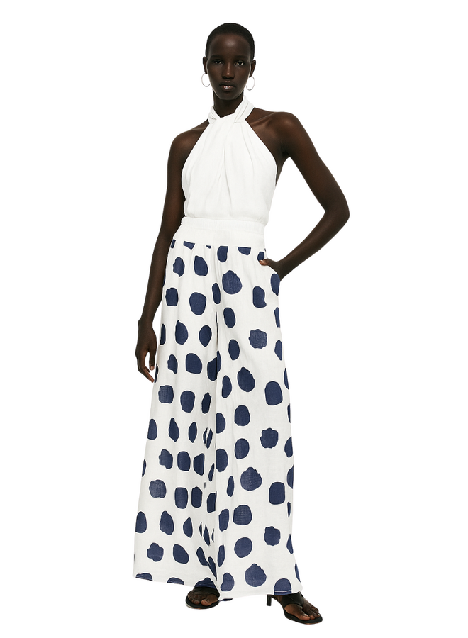 Linen Palazzo Polka Dot Pants in Navy/White