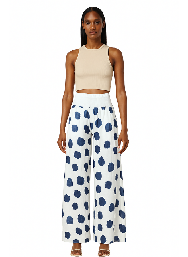 Linen Palazzo Polka Dot Pants in Navy/White