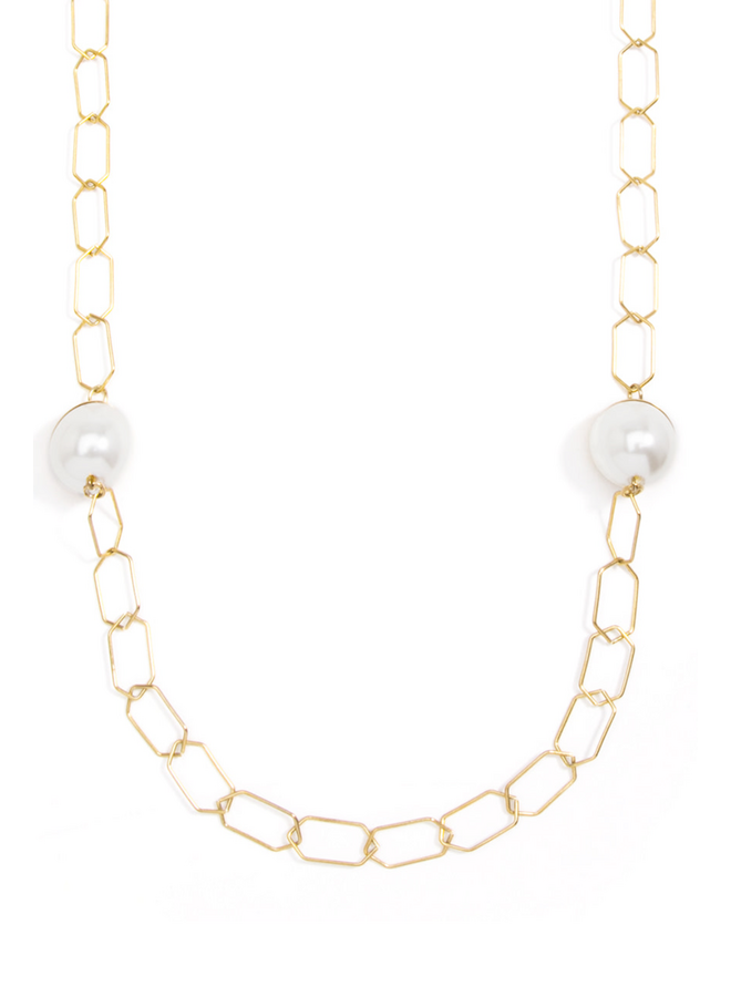 Long Hexagon Link Necklace in Gold/Pearl