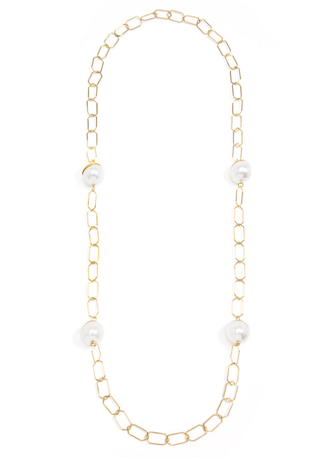 Long Hexagon Link Necklace in Gold/Pearl