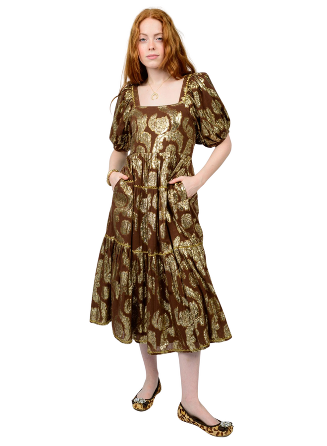 Uncle Frank Metallic Roses Midi Dress in Brown