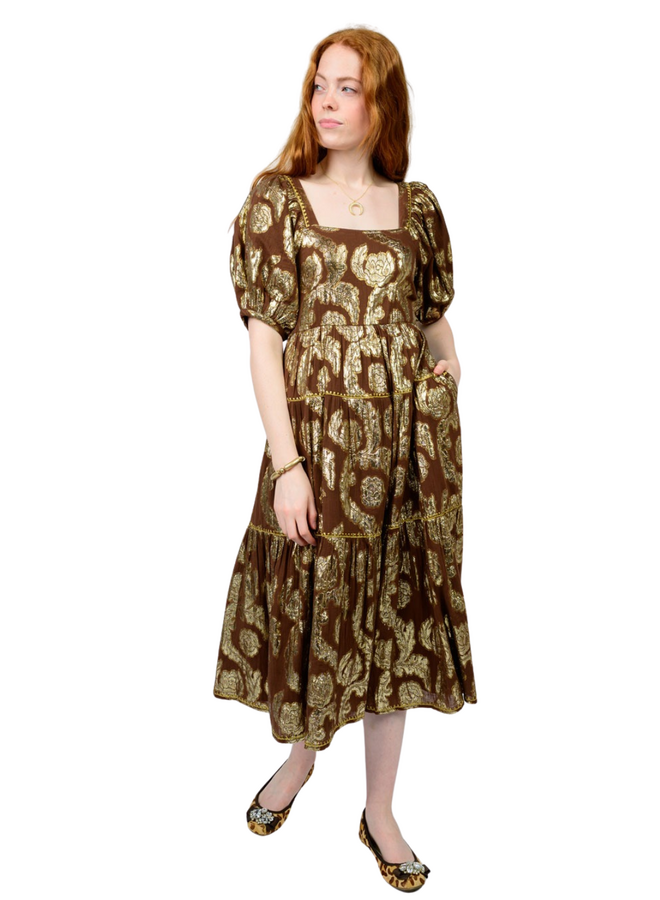 Uncle Frank Metallic Roses Midi Dress in Brown