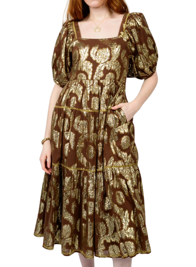 Uncle Frank Metallic Roses Midi Dress in Brown