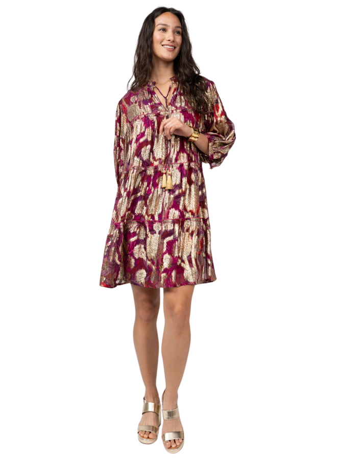 Uncle Frank Metallic Print Tiered Dress in Wine