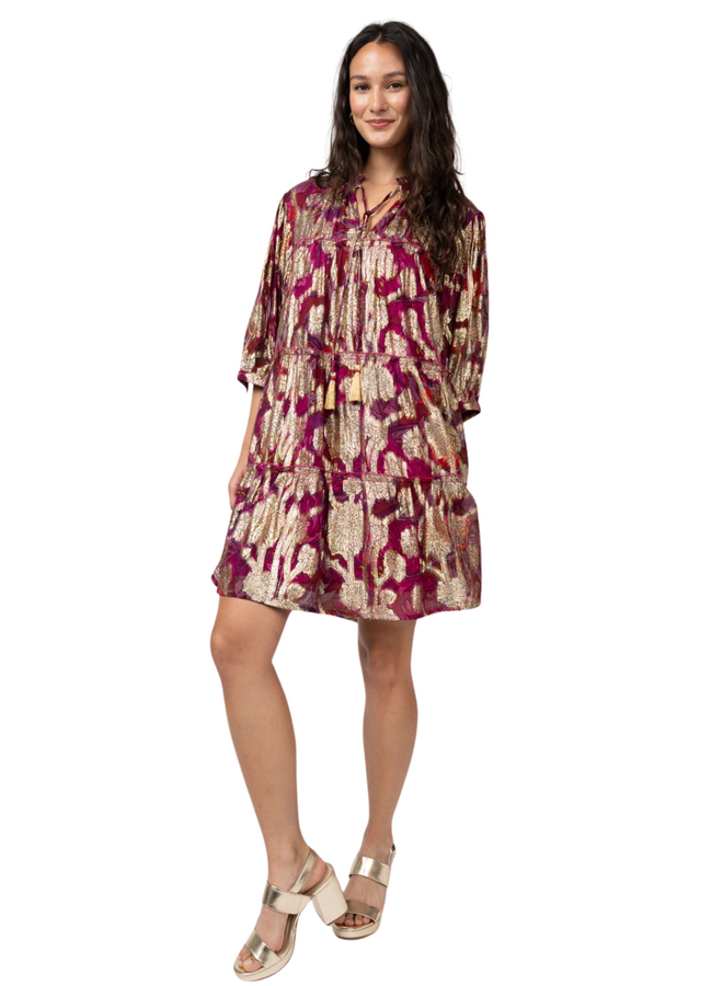 Uncle Frank Metallic Print Tiered Dress in Wine
