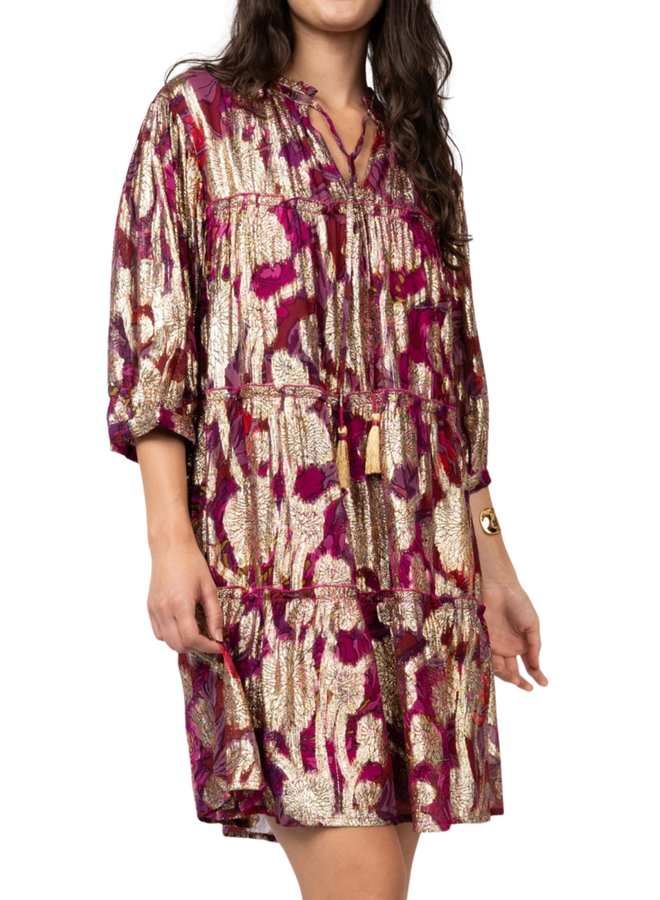 Uncle Frank Metallic Print Tiered Dress in Wine
