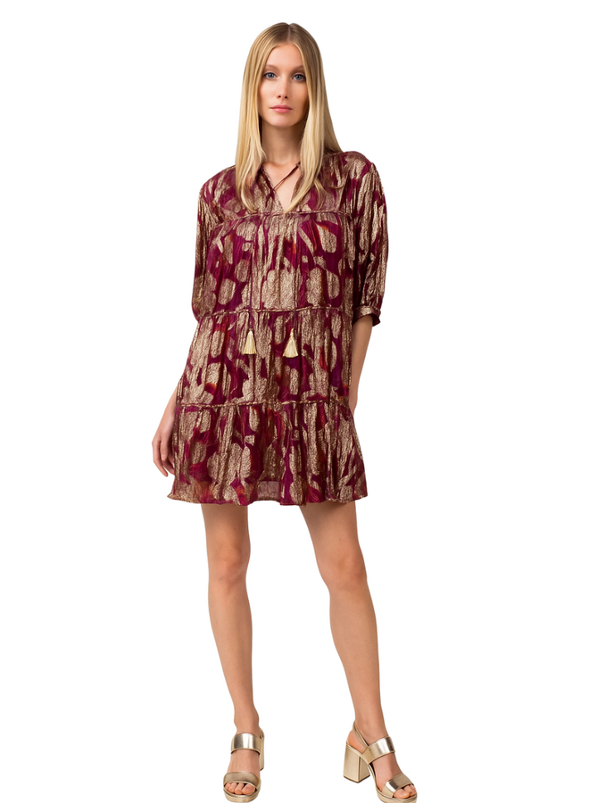 Uncle Frank Metallic Print Tiered Dress in Wine