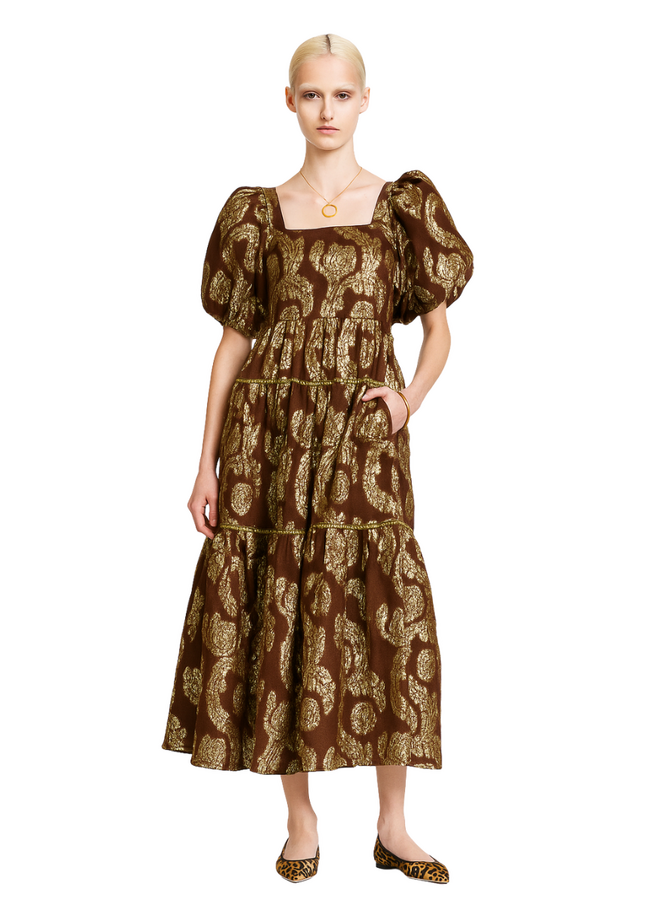 Uncle Frank Metallic Roses Midi Dress in Brown