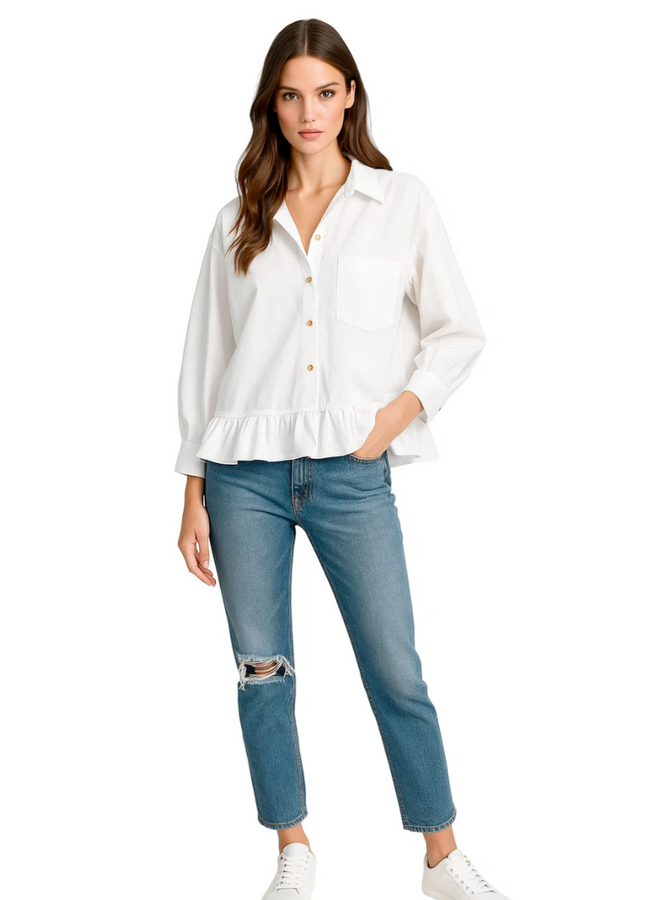 Ruffle Poplin Shirt In White