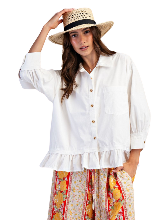 Ruffle Poplin Shirt In White