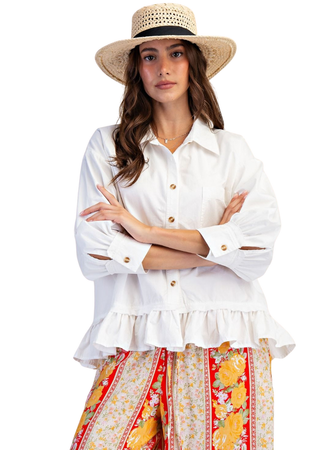 Ruffle Poplin Shirt In White