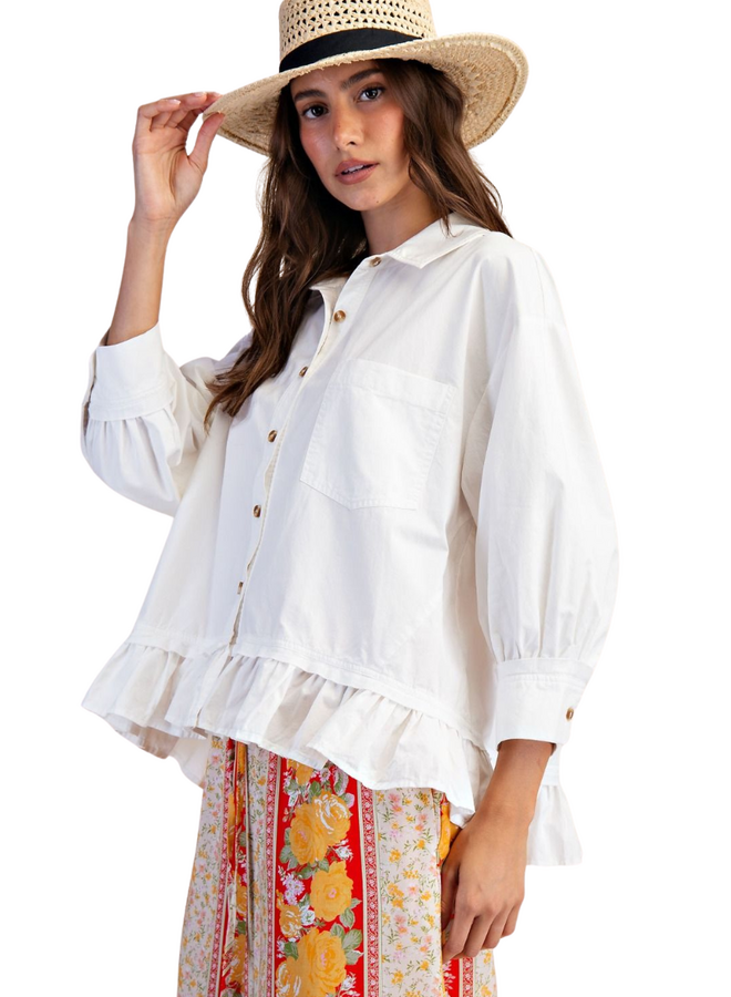 Ruffle Poplin Shirt In White