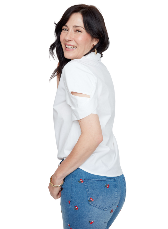 Renuar Criss-Cross Cuff Blouse in White