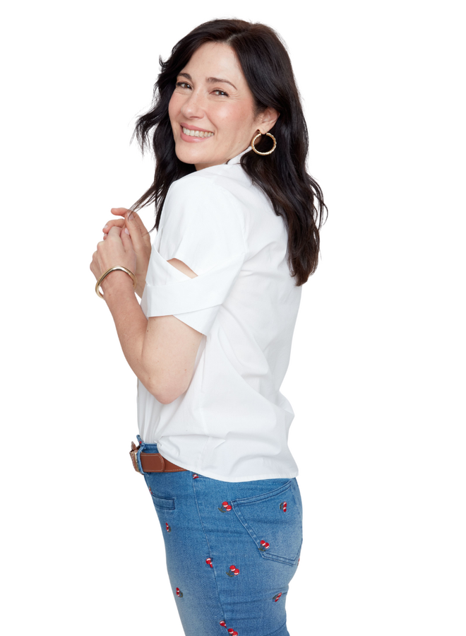 Renuar Criss-Cross Cuff Blouse in White