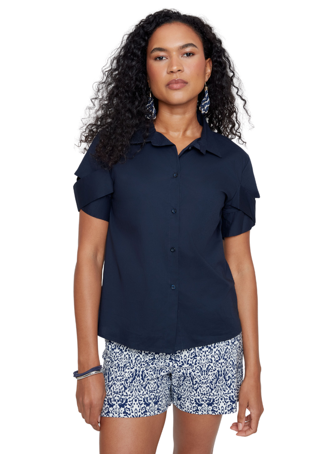 Renuar Criss-Cross Cuff Blouse in New Midnight