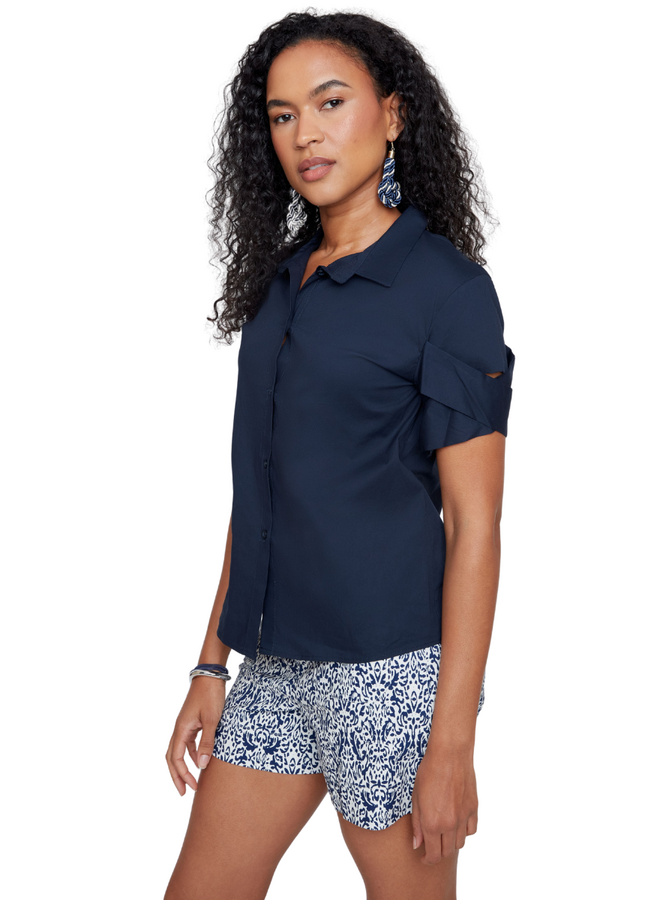 Renuar Criss-Cross Cuff Blouse in New Midnight