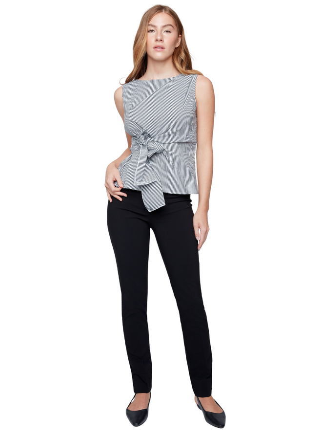 Renuar Striped Crisp Cotton Sleeveless Tie Top in Black