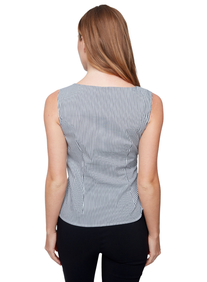 Renuar Striped Crisp Cotton Sleeveless Tie Top in Black