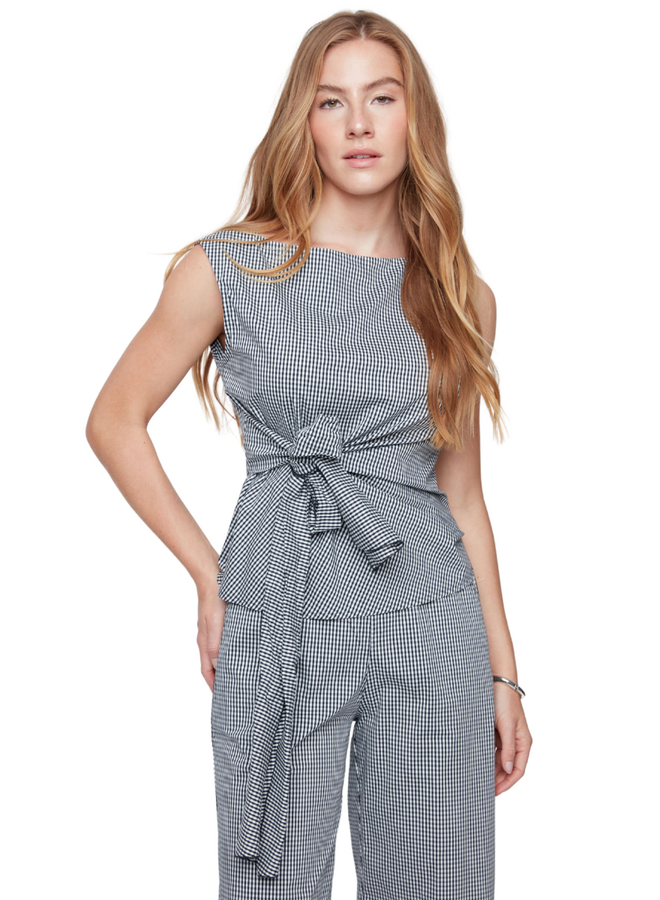 Renuar Crisp Cotton Sleeveless Tie Top in Indigo Gingham